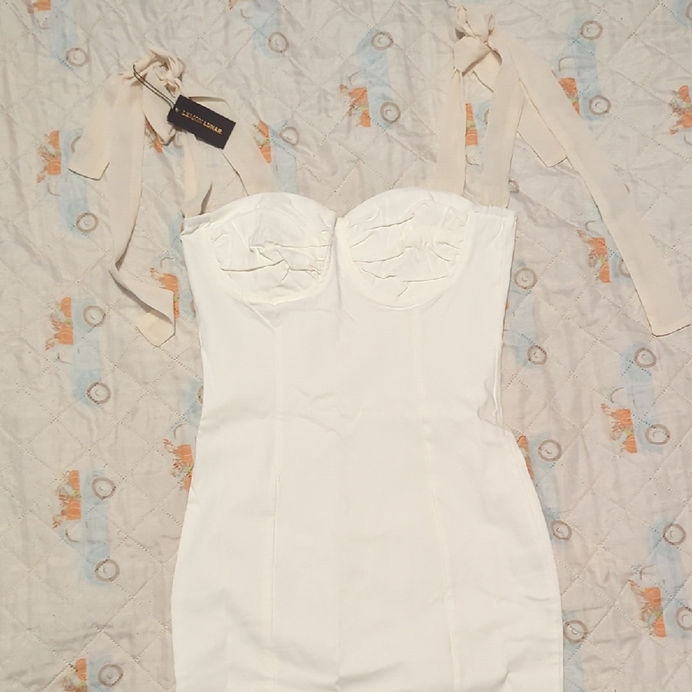 Lemon Lunar Co. White Embellished Tiered Bodycon Dress With Ribbon Straps